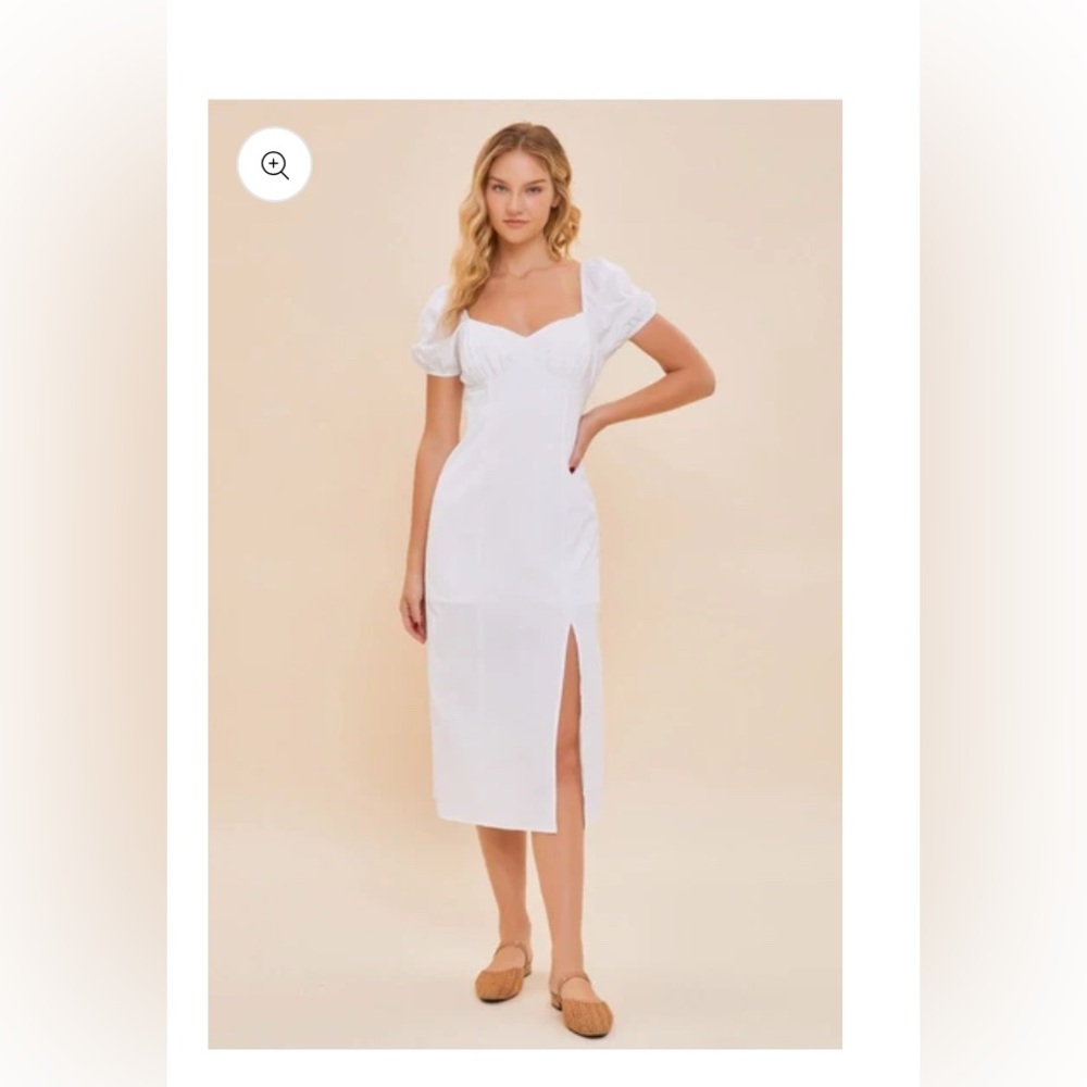 Puff Sleeve White Midi Dress